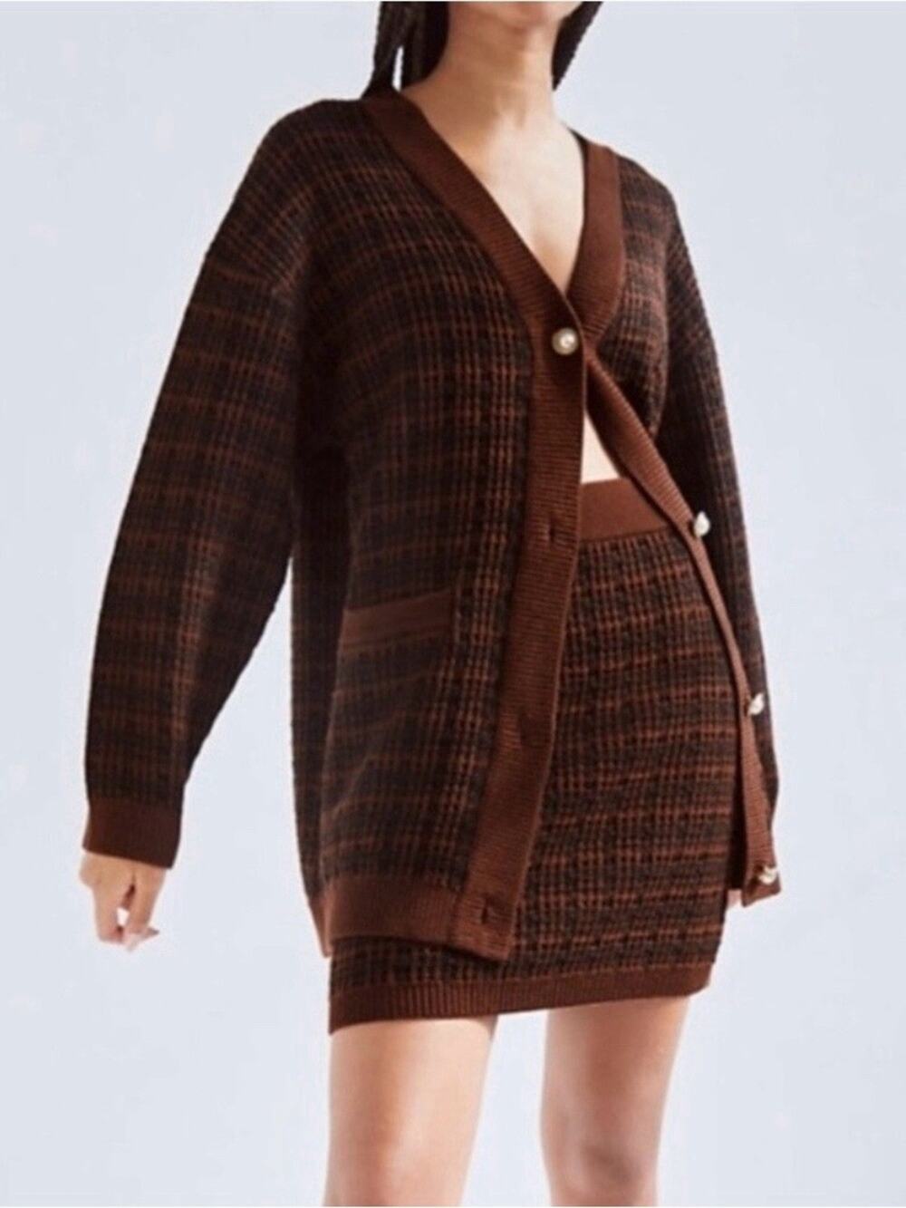 Babaton Aritzia Brown Black Tweed Merino Wool Preppy Academia Lacer Cardigan - L